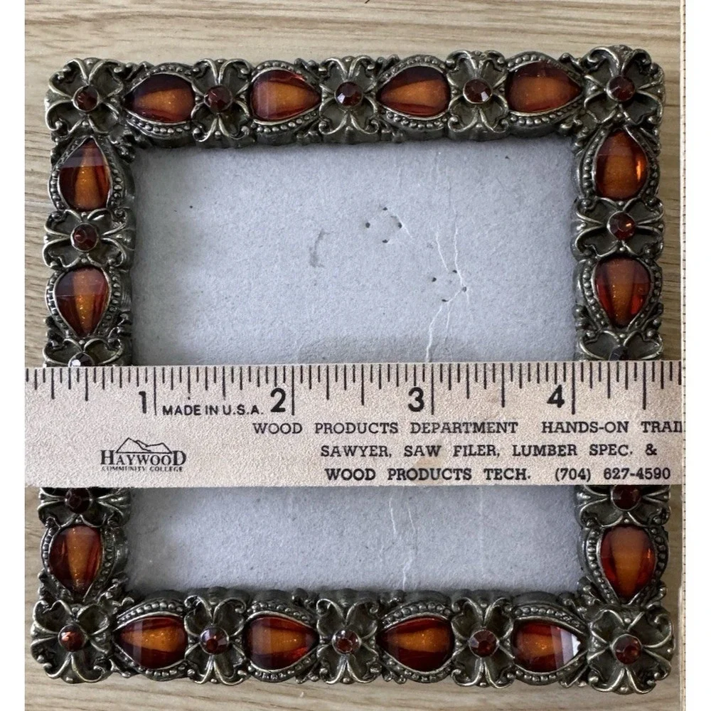 Vintage Jeweled Picture Frame 4x4 Amber Rhinestone Ornate Floral Metal